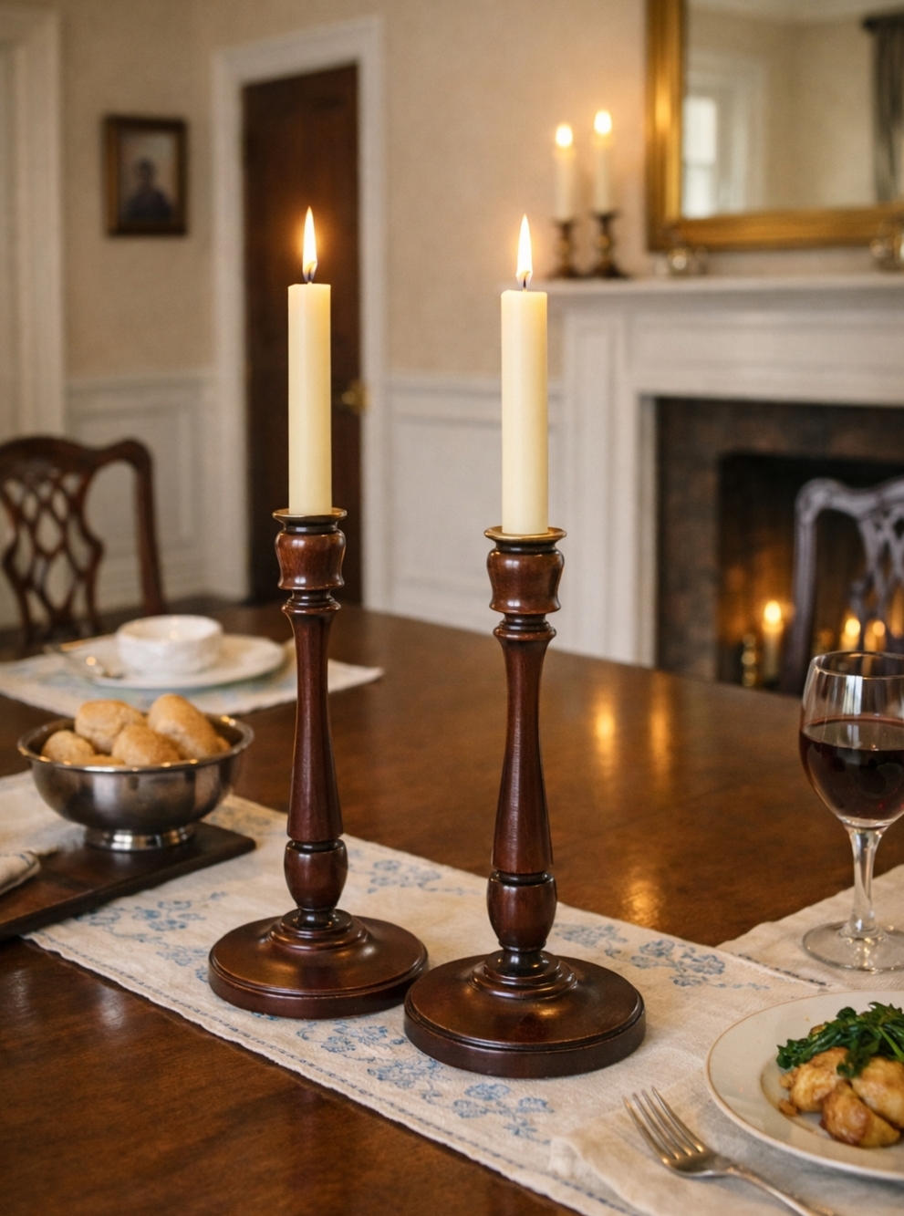 Vintage Mahogany Candlesticks Pair 11" Turned Wood Brass Inserts USA